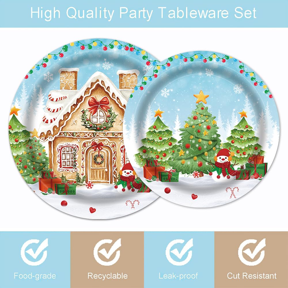 Fitumiw 96Pcs Gingerbread House Party Tableware Supplies Merry Christmas Cartoon Candy House Snowman Plates and Napkins Christmas Trees Winter Wonderland Party Set Decorations Serve 24 Guests