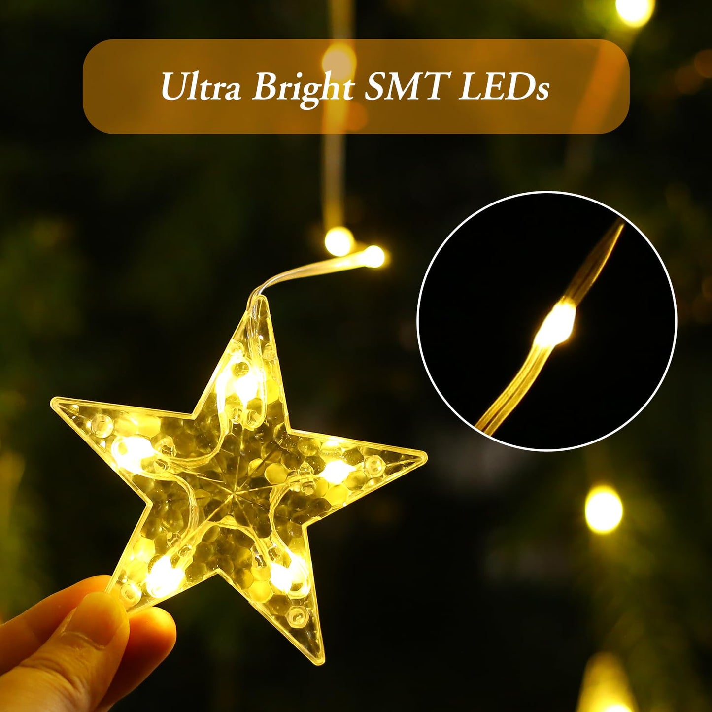 Quntis Star Christmas Window Lights, 76 LEDs 9 Stars Curtain Lights Battery Operated with Timer, 8 Mode Xmas Hanging Window Decorations Lights Indoor Backdrop for Bedroom Wall, Warm White