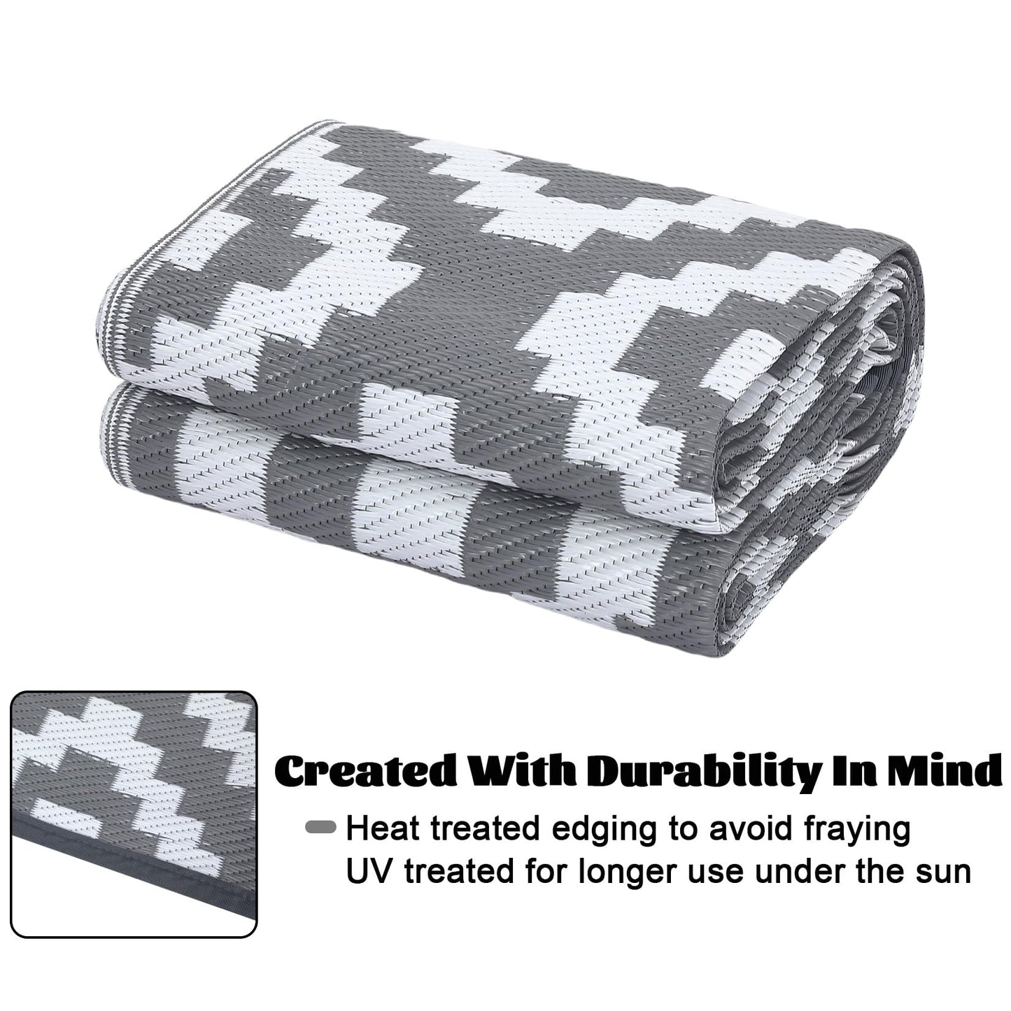 GAOMON Outdoor Rug 8x10 Area Rugs for Patio Waterproof Plastic Straw Rug Reversible Patio Rugs RV Camping Outdoor Carpet for Porch Patio Outside RV Deck Balcony Picnic Beach Decor Square-Grey/White