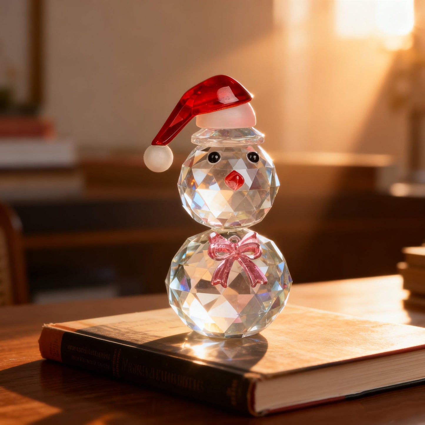 vskikris Christmas Snowman Figurine - Sparkling Crystal Snowman Figurine Decorations Christmas Glass Figurine Ornament with Red Hat, Festive Table Decor Xmas Gift & Collectible Paperweight
