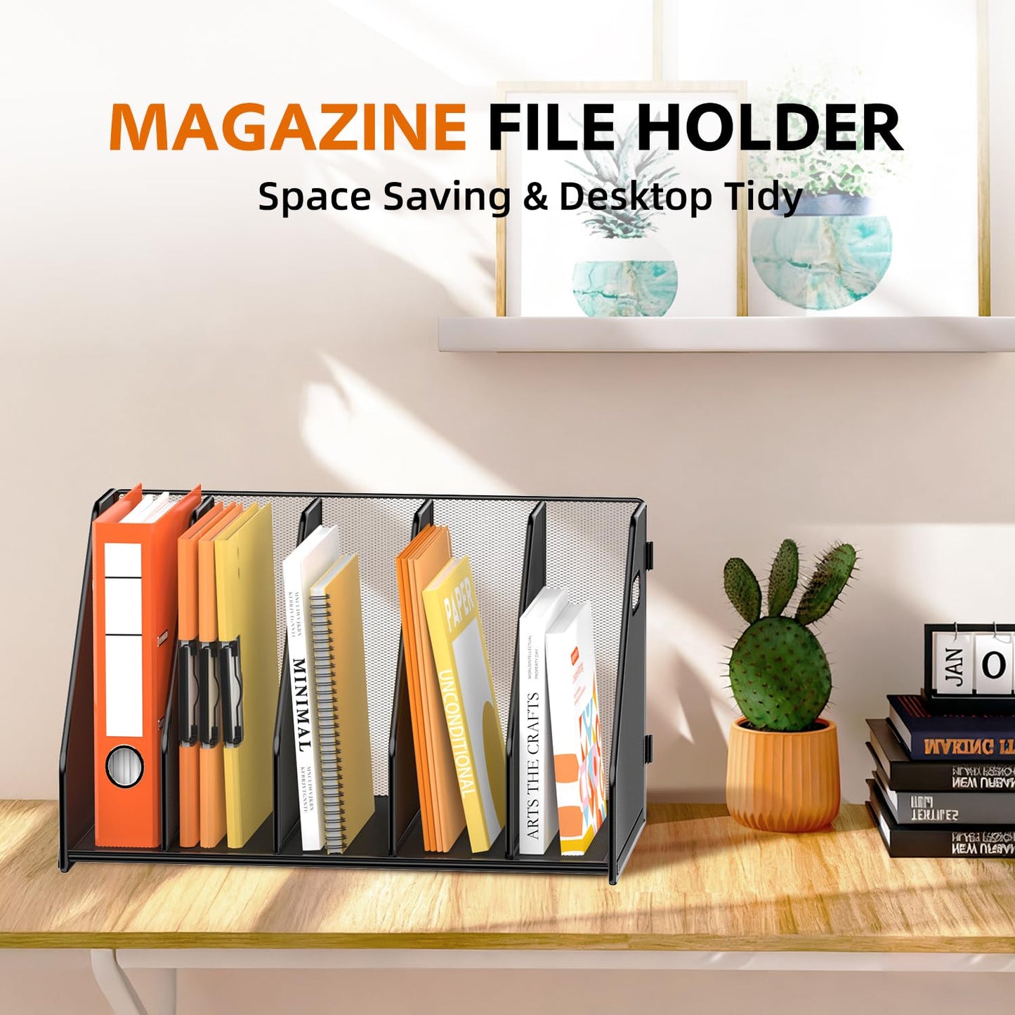 SUPEASY Binder Organizer, Magazine File Holder with 5 Vertical Compartments Rack, Metal Desk File Organizer & Binder Holders, Magazine Organizers for Office Desktop, Home, School, Classroom (Black)