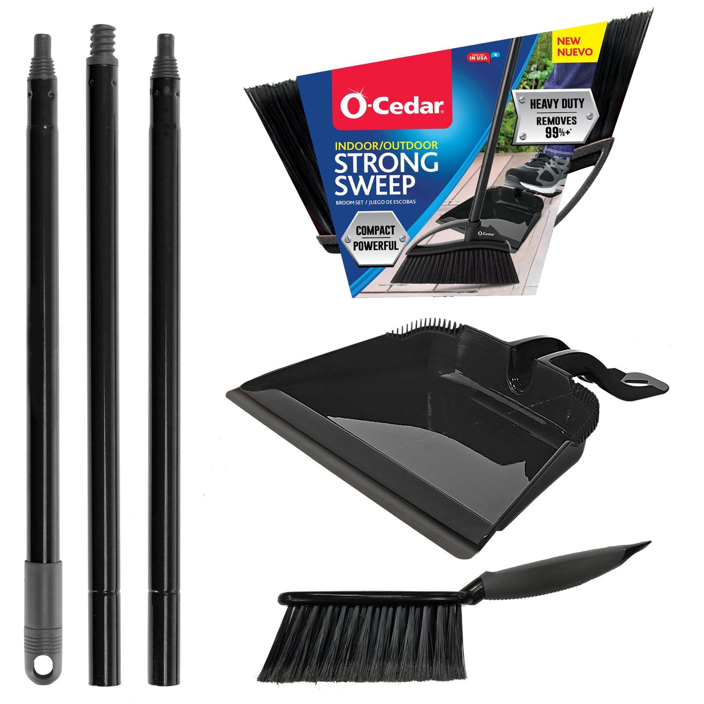 O-Cedar Strong Sweep Broom and Dustpan Set with Detail Brush | Indoor Outdoor Heavy Duty Stiff Bristle Broom | Step-On Dust Pan