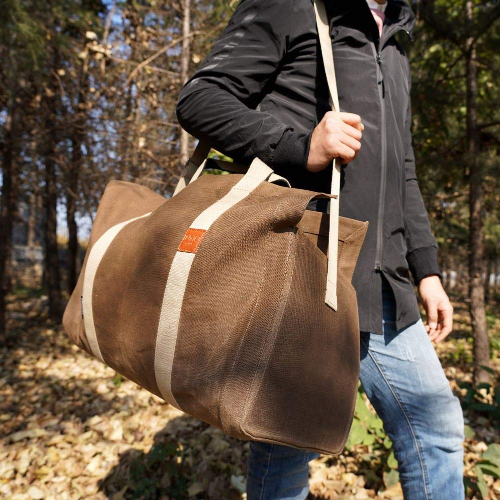 INNO STAGE Free-Standing Firewood Log Carrier Bag - 22 oz Thickened Waxed Canvas Fire Wood Holder Tote with Adjustable Shoulder Strap and Soft Handles for Camping or BBQ Barbecue Dark Khaki