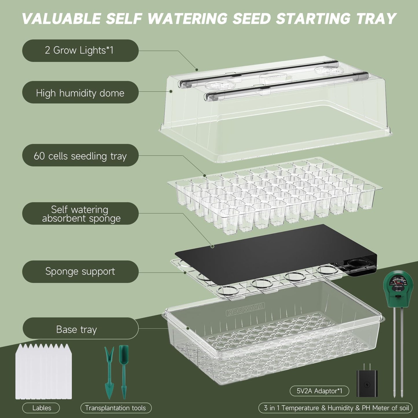 Adawook Self-Watering Seed Starter Tray with Grow Lights, 60 Cells Seed Starter Kit, Full Spectrum Grow Light for Seed Starting, Timing Set, Germination Tray Grow Kits with High Humidity Domes