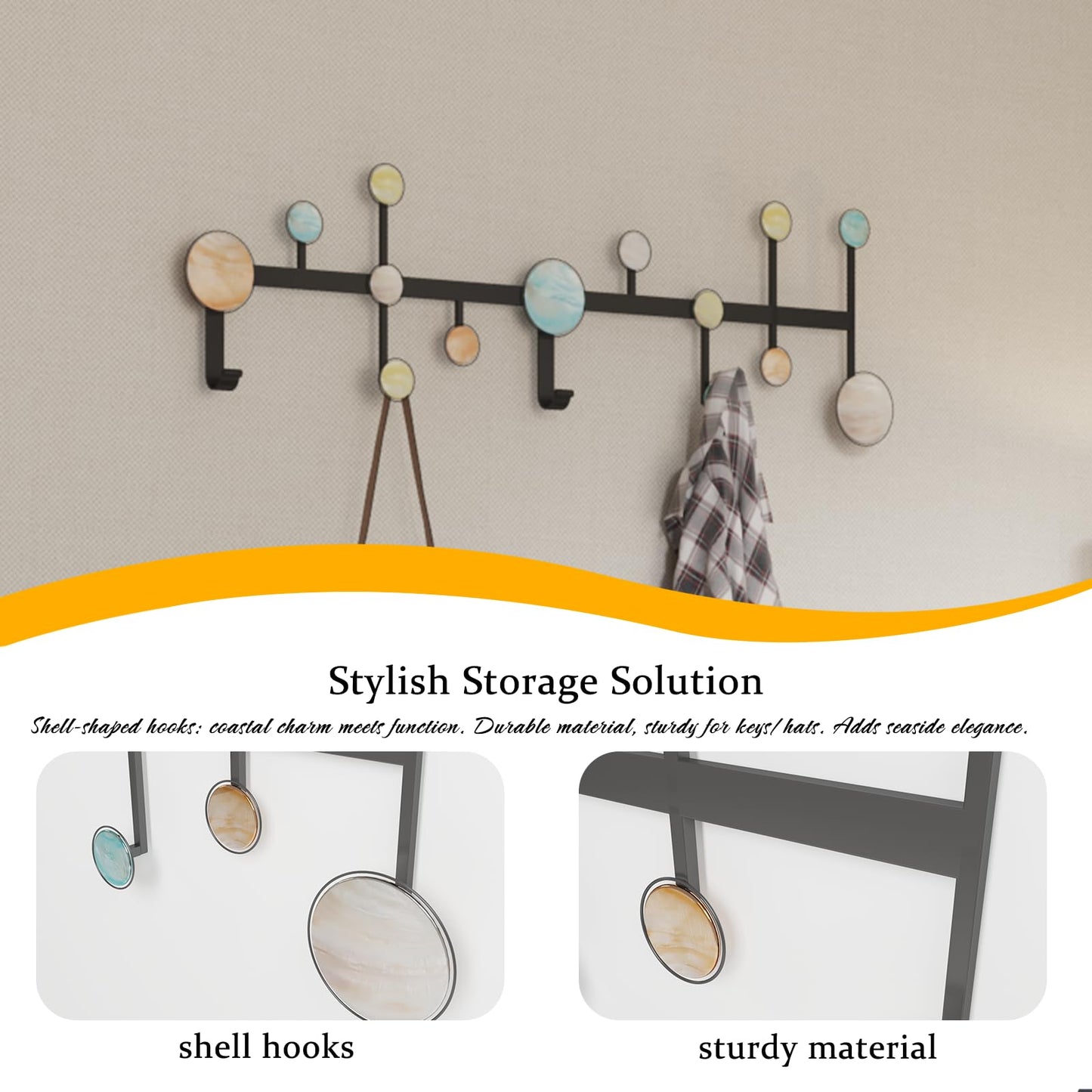 AROCUSHI 25.5" Wall Mounted Coat Rack with 5 Hooks-Modern Metal Wall Decoration Organizer，Black Matte Finish with Shell Decor, Heavy Duty Hanging Hooks (Includes Mounting Hardware & Adhesive)