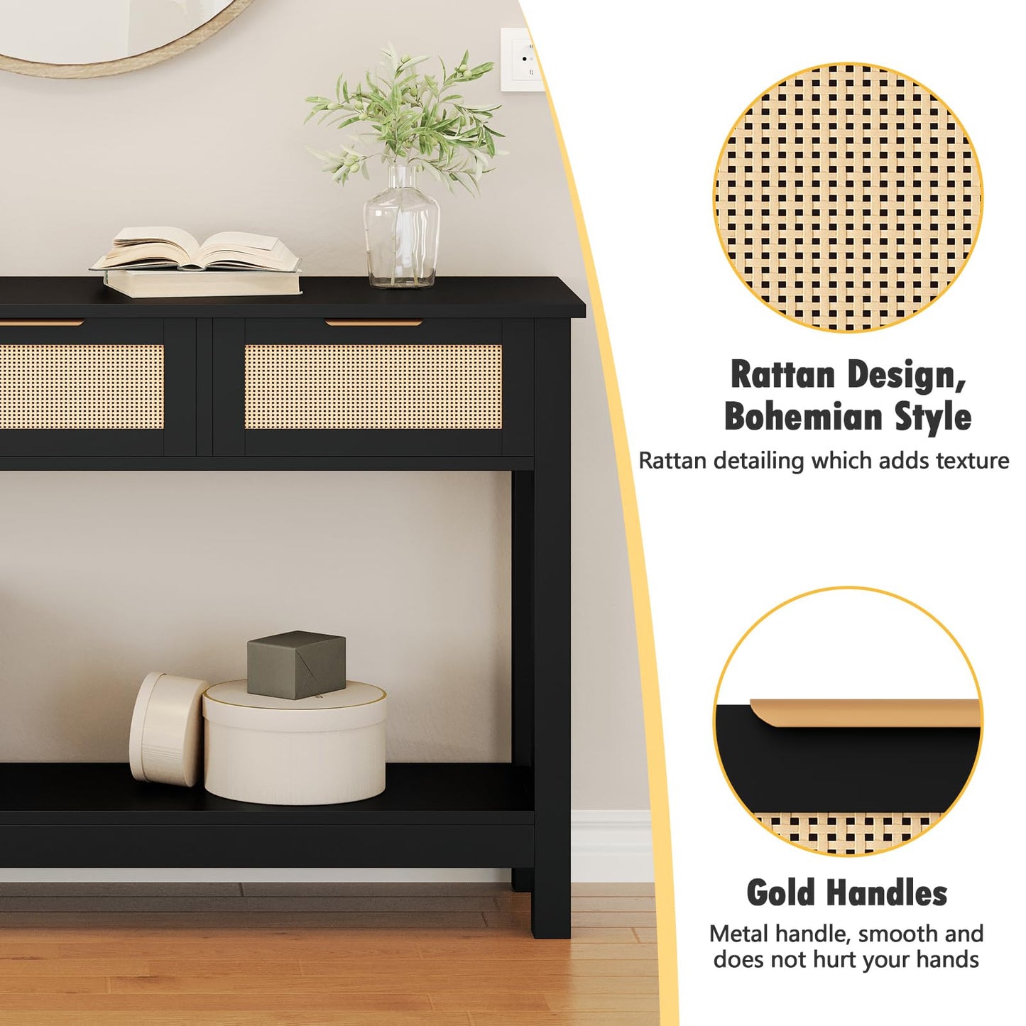 Luoxiao 47" Entryway Table with 3 Rattan Drawers, Narrow Console Table with Storage Shelf, Modern Black Slim Sofa Table for Living Room Hallway Foyer, Boho Entry Way Table, Anti-Tip, Easy Assembly