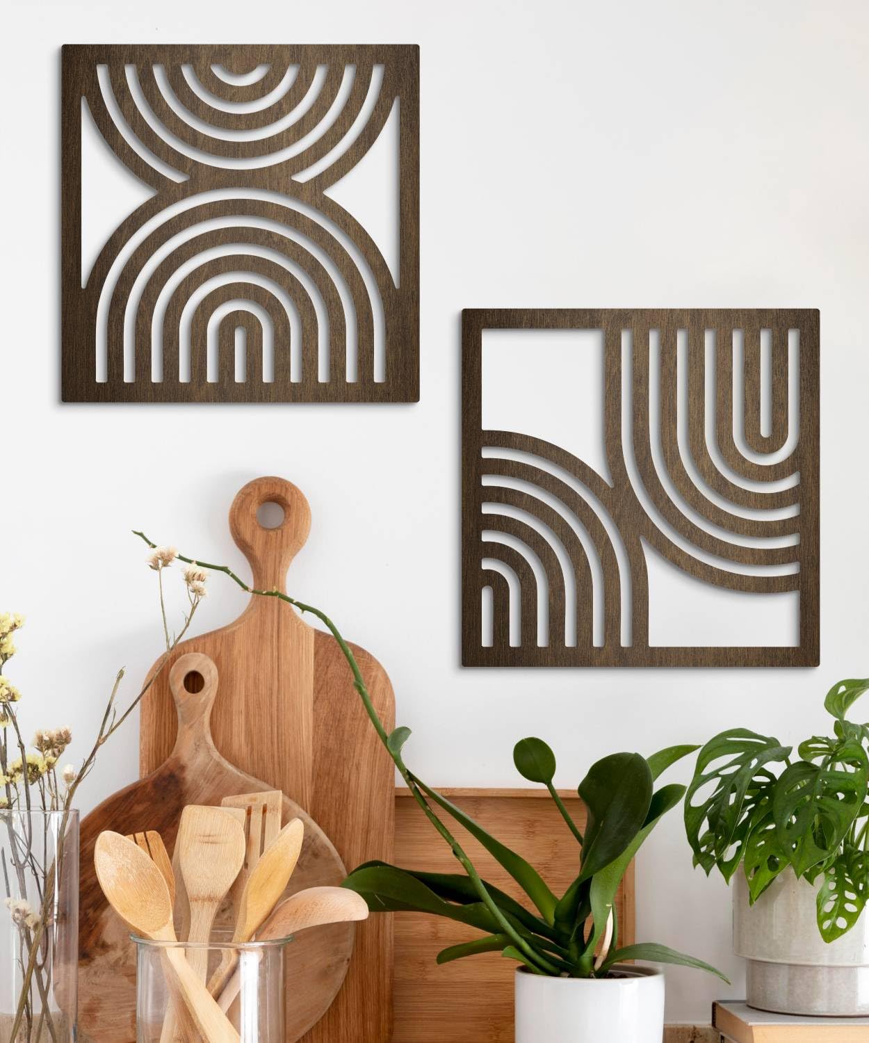 Putuo Decor Geometric Abstract Wall Art Set of 2, Modern Square Wooden Modern Arched Wall Decor for Living Room Bedroom Entryway, Minimalist Brown Wall Sculpture