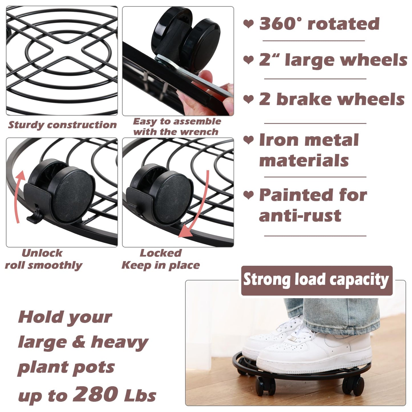 12" Metal Plant Caddy with Wheels 3 Packs Large Rolling Plant Stands Indoor Wheeled Plant Dolly Heavy-duty Planter Mover Roller Base Outdoor Plant Trolley Cart Water-proof, Plant Saucers on Wheels