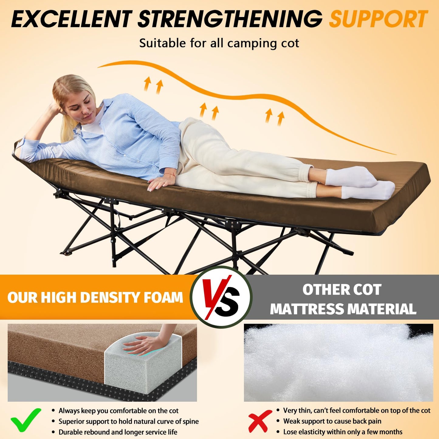CYMULA Camping Cot Mattress 2in Memory Foam Sleeping Pad,Soft Warm Non-Slip Camping Mattress Topper with Retaining for Adults,Portable Roll up Pad for Travel(Brown 75"x30")
