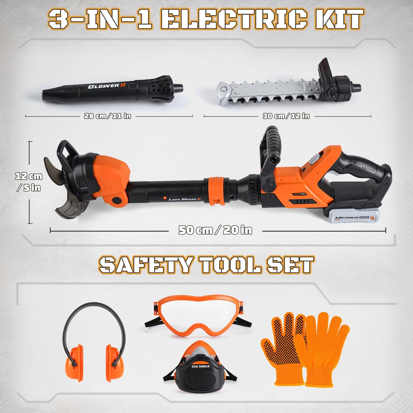 3-in-1 Kids Yard Tools - Kids Weed Wacker Toy, Kids Leaf Blower & Chainsaw, Kids Garden Tools with Safety Equipment, Realistic Lights & Sounds, Pretend Play Outdoor & Indoor Toys