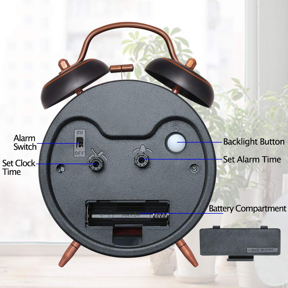 Peakeep Retro 4.5 inches Battery Operated Twin Bell Loud Alarm Clock (Black with Arabic)