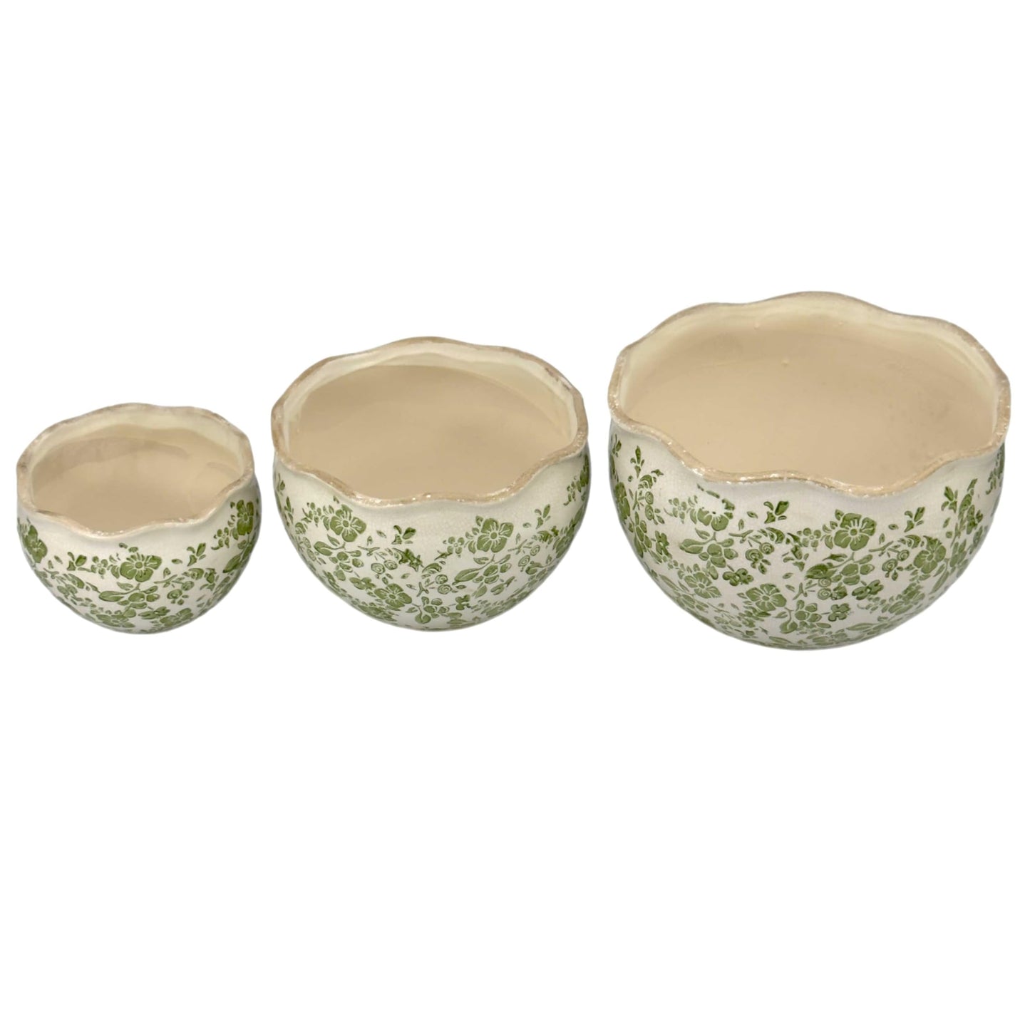 Galt International Ceramic Plant Pots Set of 3 Rustic Vintage Farmhouse Cream Crackle Glaze (11"/ 9.6"/ 7") Garden Indoor Outdoor Flower Planter w/Drainage Hole (Vintage Green)