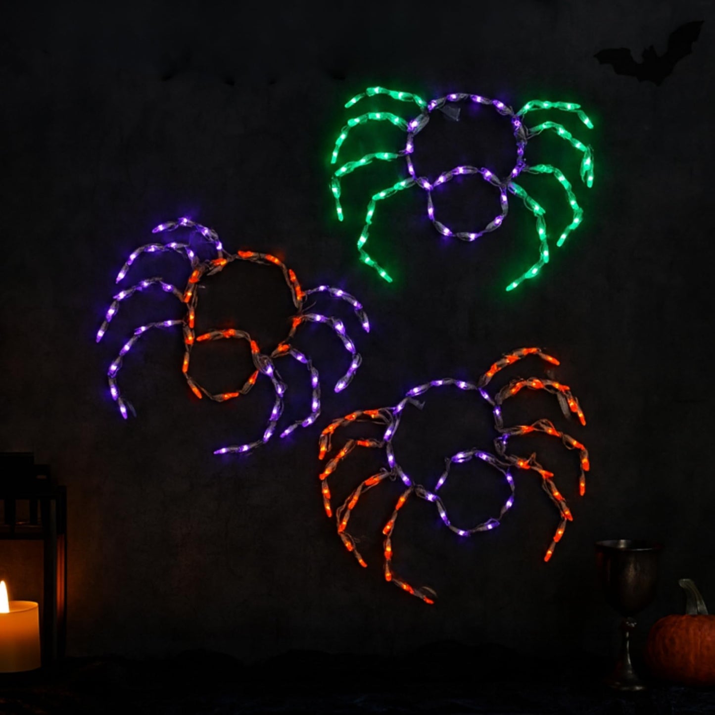 Holiday Bright Lights Small Spiders 3-Pack 15" H x 20" W LED Lighted Outdoor Halloween Décor Green, Orange, Purple Lights
