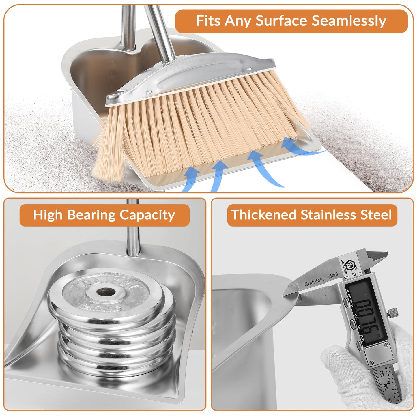 VOOWO Broom with Dustpan Combo Set, 46" Stainless Steel Broom and Dustpan Set for Home, Heavy Duty Dust Pan with Long Handle, Broom for Sweeping Indoor and Outdoor, Kitchen Broom and Dust Pan (Khaki)