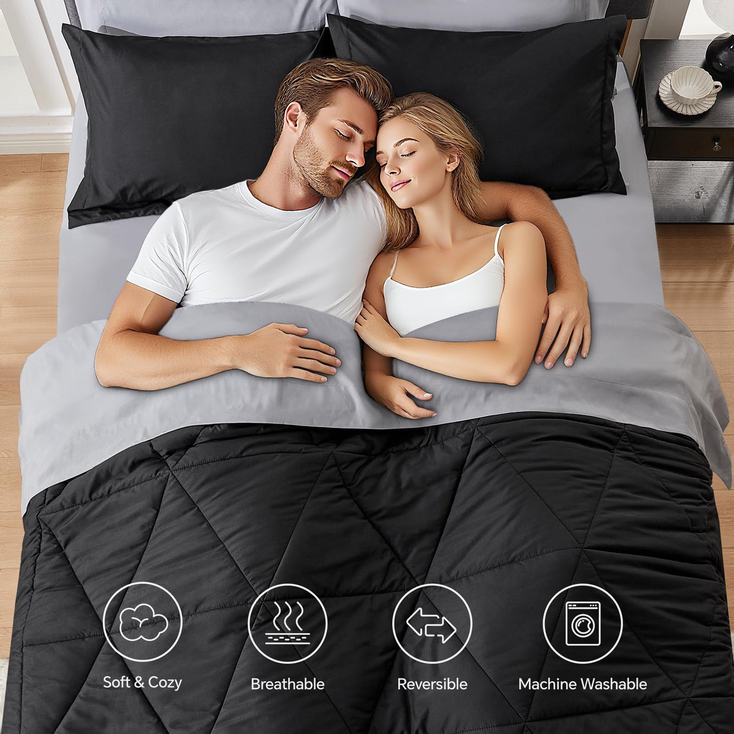 BEDELITE Queen Comforter Set 7 Pieces Bed in A Bag - Soft Microfiber Reversible Black Bed Set with Comforters, Sheets, Pillowcases & Shams, Cozy Luxury Bedding Sets for All Season