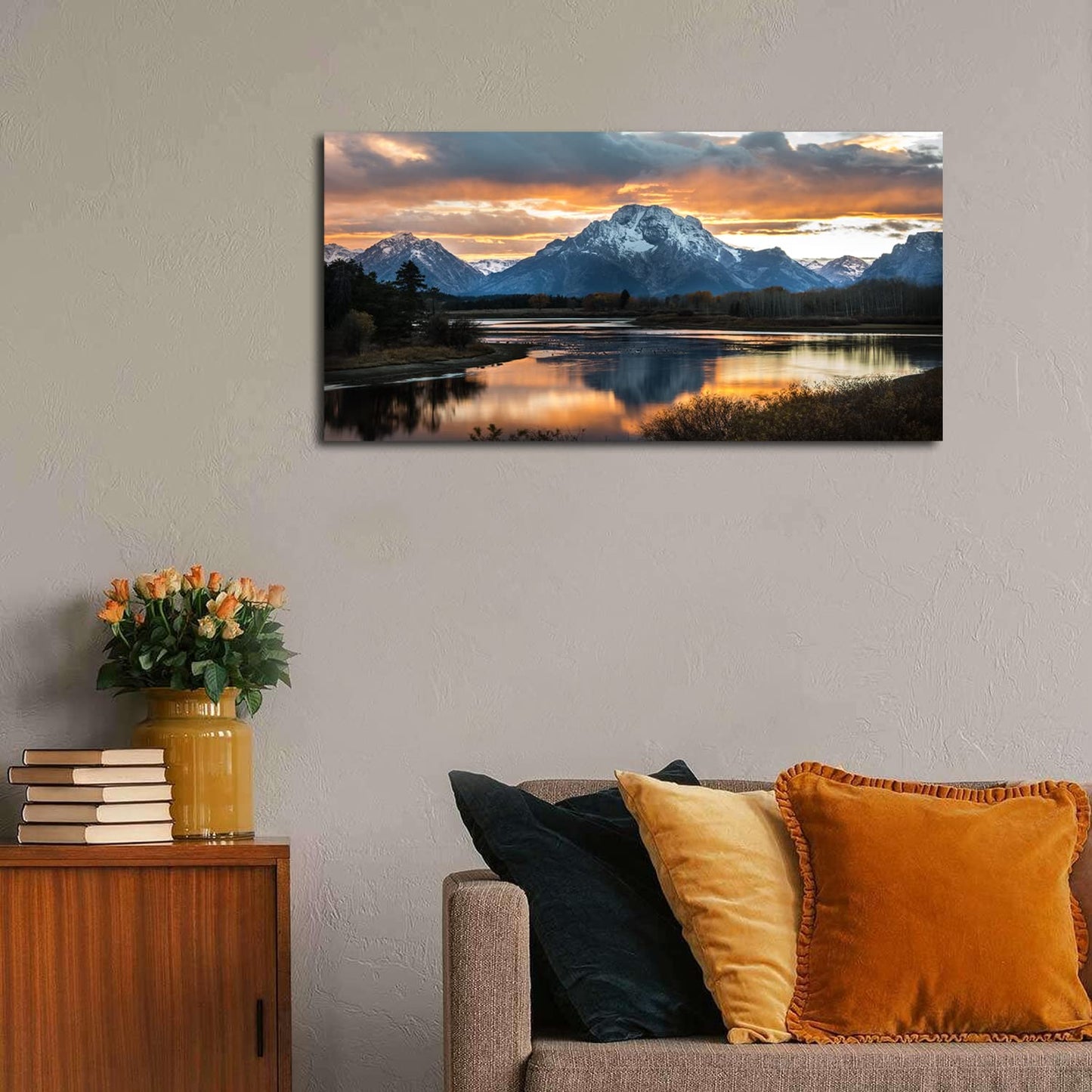 Sunset Mountain Wall Art for Living Room Nature Grand Teton Landscape Canvas Wall Decor National Park Wall Art Oxbow Bend Snake River Scenery Wyoming Painting Artwork Office Home Decoration 20x40"