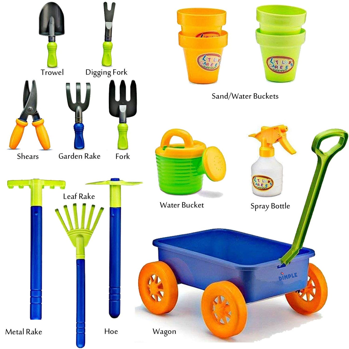 Dimple DCN12752 Garden Wagon & Tools Toy Set Premium 15Piece Gardening Tools & Wagon Toy Set Sturdy & Durable-Top Yd, Beach, Sand, Garden Toy-Great for Kids & Toddlers, Multicolor