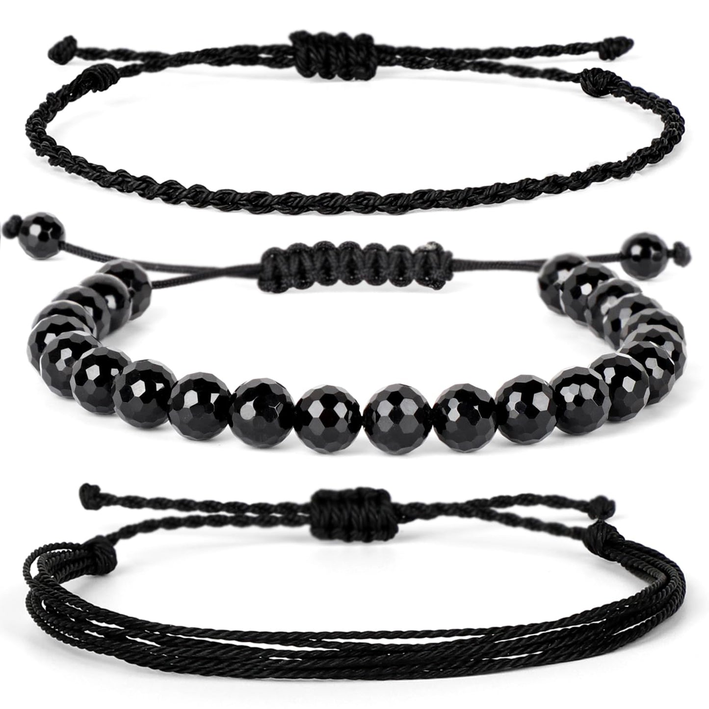 QOGIR Handmade Healing Bracelets,8mm Natural Faceted Black Onyx Gem Stone Beads Bracelet for Men Women Gifts with 2PCS Size Adjustable Rope Bracelets