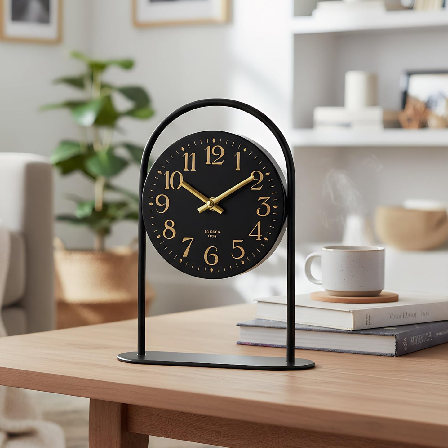 Modern Black Desk Clock - 10.6 Inch Arched Table Clock with Silent Non-Ticking Quartz Movement, Battery Operated Decorative Mantel Clock with Gold Arabic Numerals for Bedroom, Shelf & Office Decor