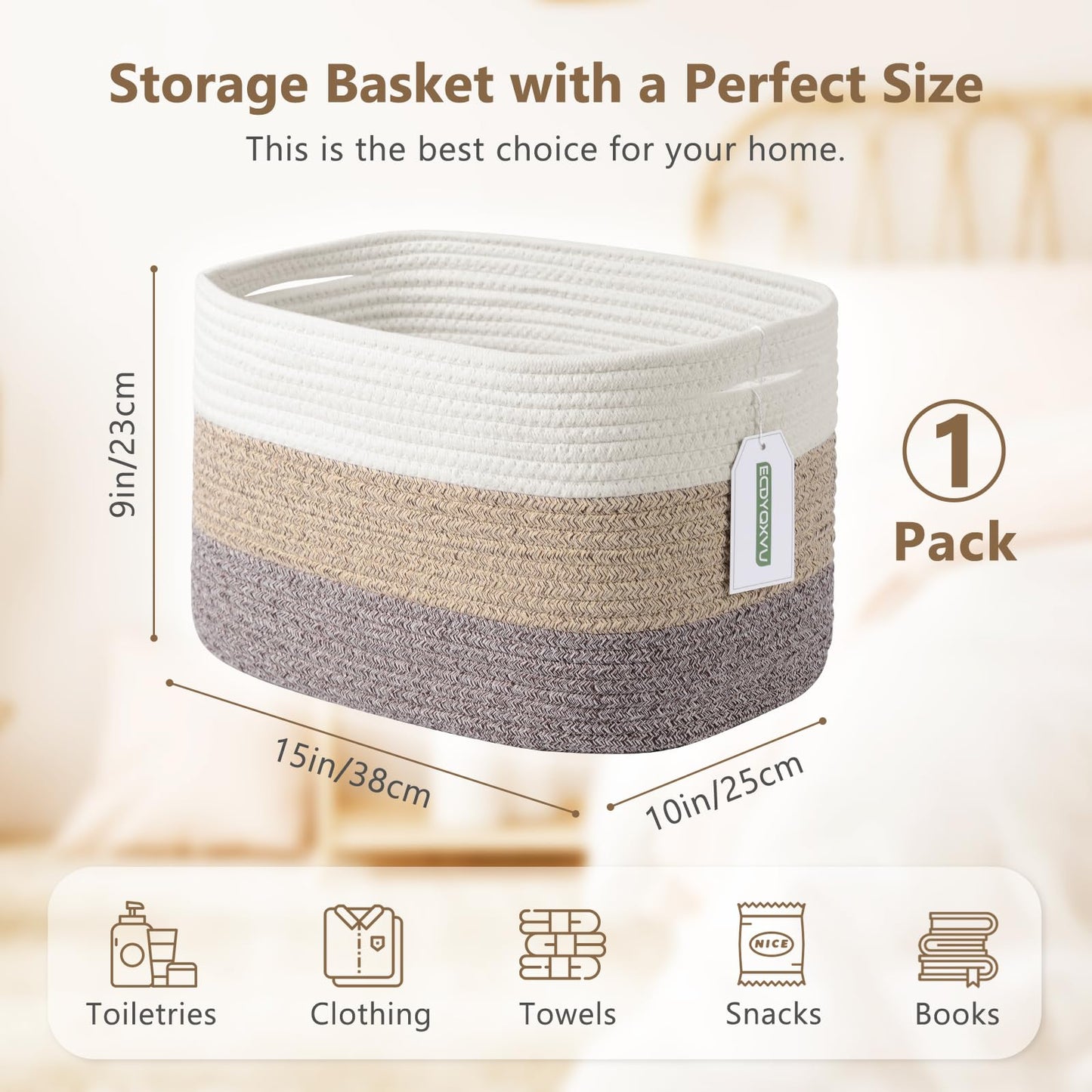 ECDYQXVU Cotton Rope Storage Basket, 15x10x9 Inches, Woven Basket for Shelves, Clothes, Towels, Books, and Laundry, White Brown (1 Pack)