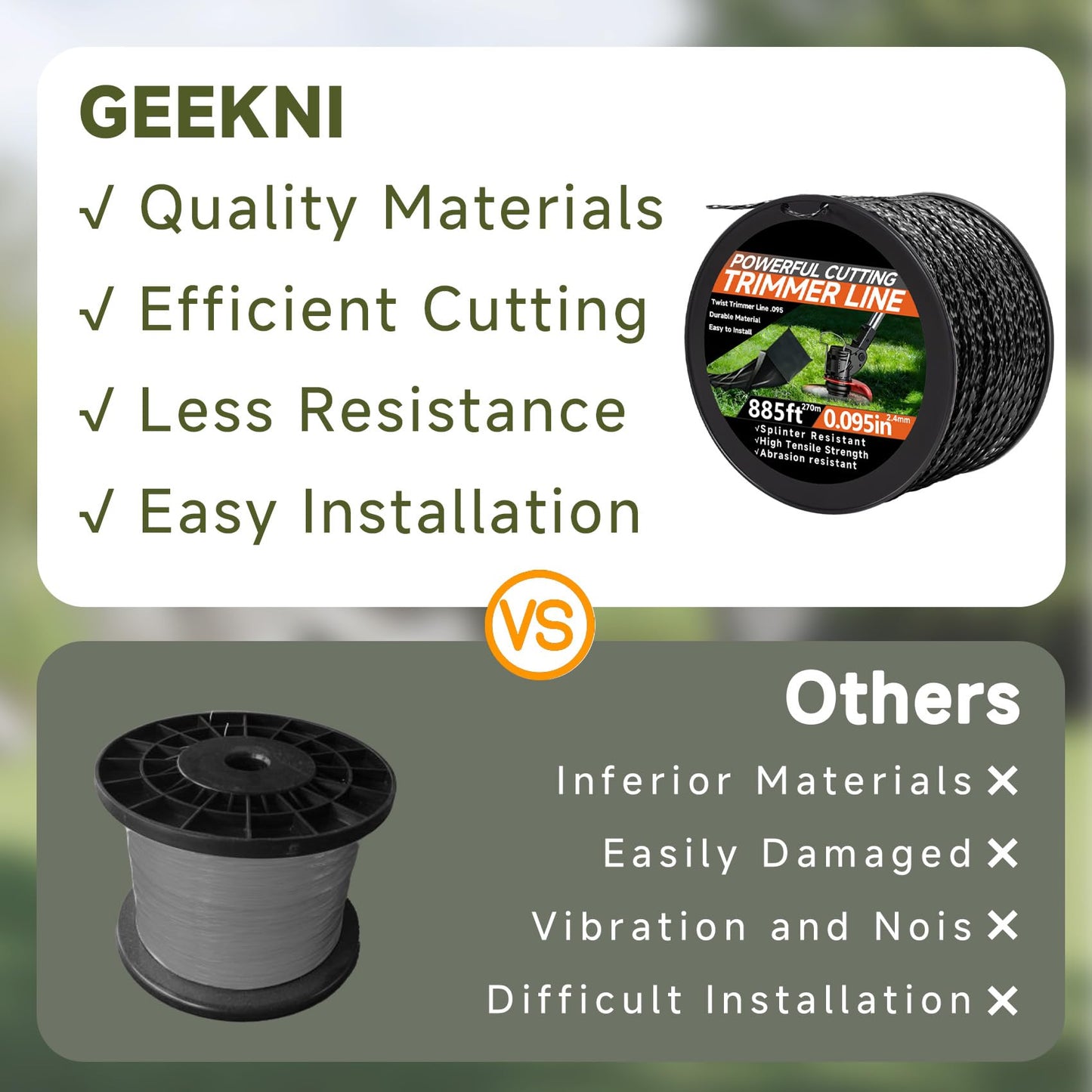 GeekNi 885ft 0.095" for Black Diamond Trimmer Line Heavy Duty Professional Twisted Weed Wacker String Spiral Trimmer Line Spool with Cutter for Echo Trimmers Line 330095073
