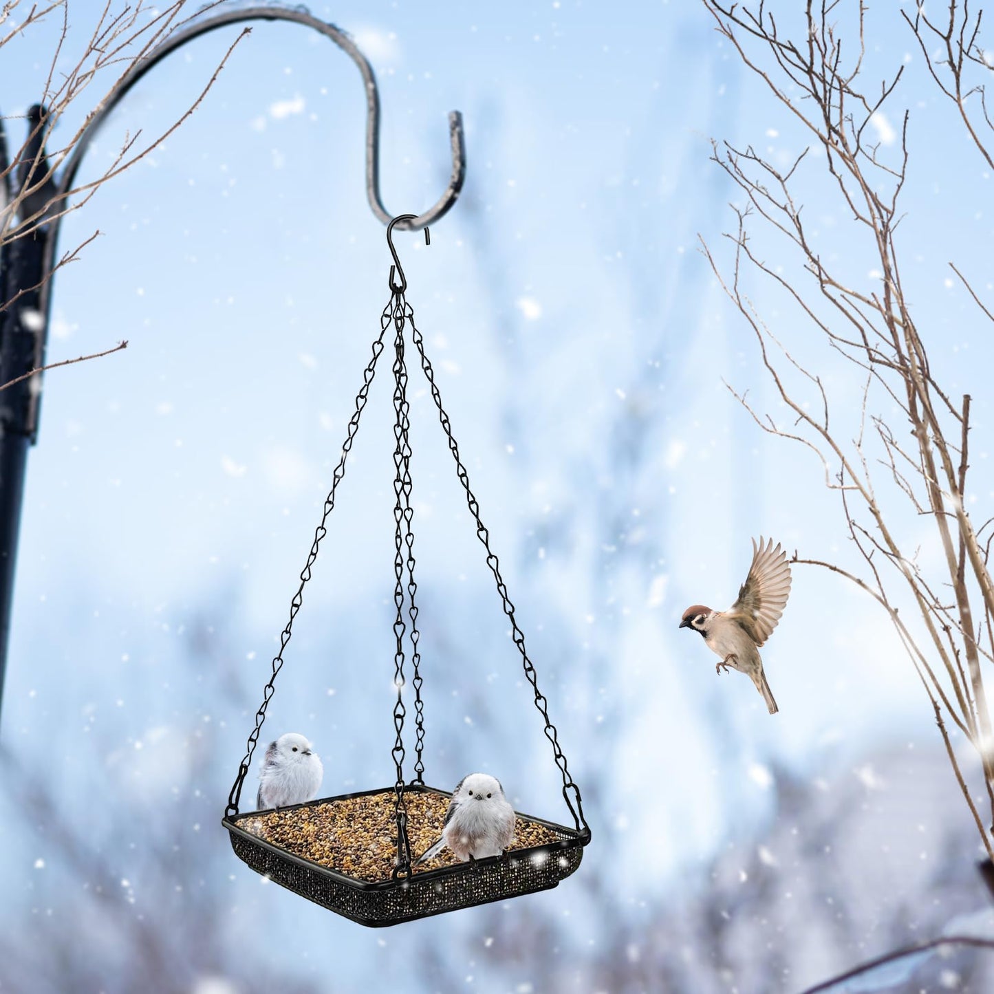 MIXXIDEA Hanging Bird Feeder Tray Metal Mesh Platform Seed Feeder with Durable Chains for Outdoors Garden Great for Attracting Birds (2 Pack)