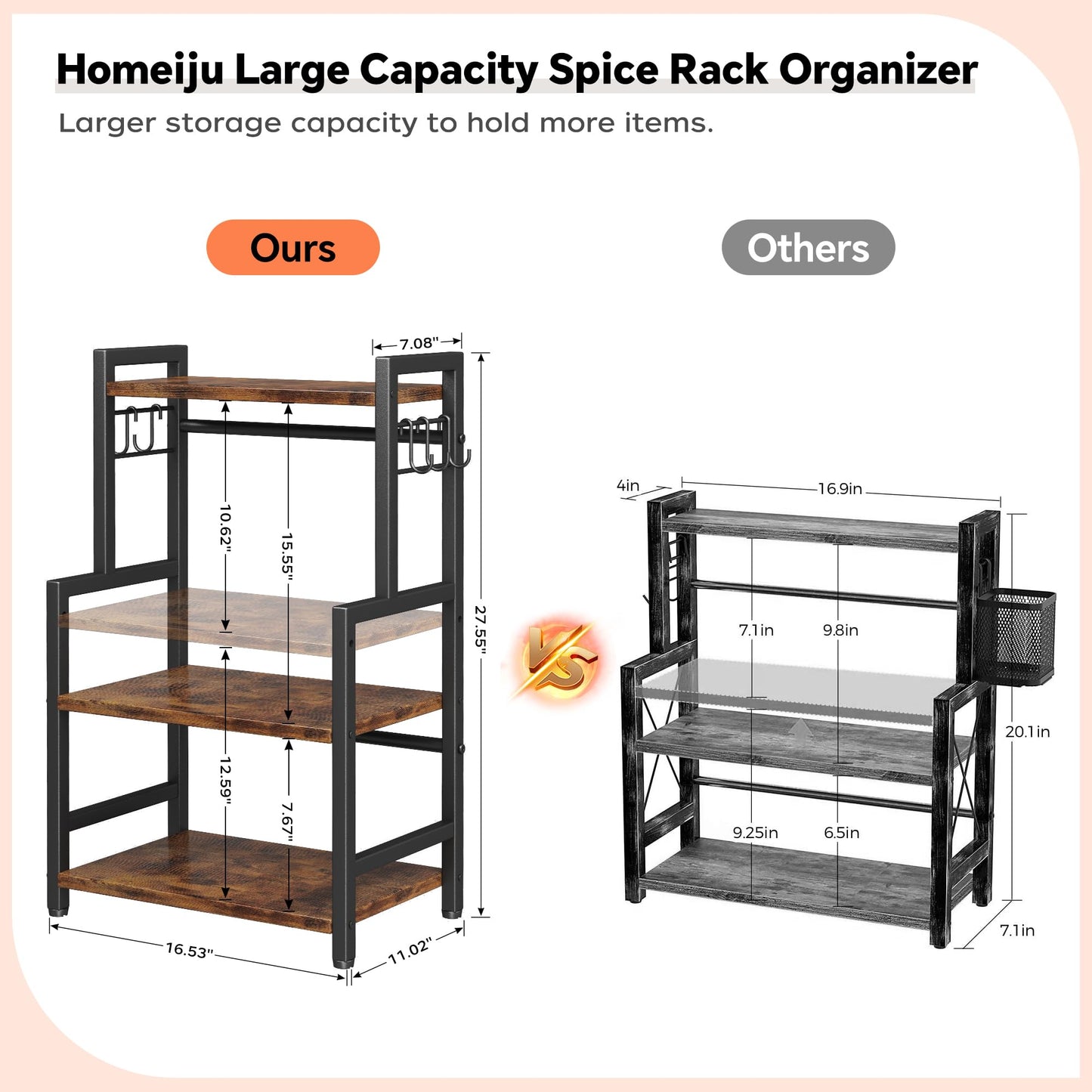 Kitchen Countertop Organizer,3 Tier Large Spice Rack Organizer with Adjustable Shelf and 5 Hooks,Wooden Counter Organizer,Space Saving Countertop Shelf Microwave Stand for Kitchen,Bathroom,Coffee Bar
