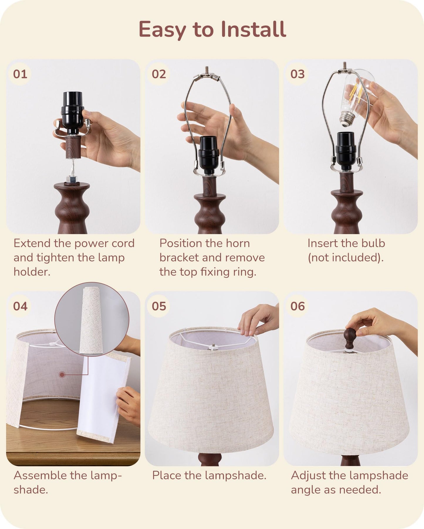EDISHINE 21.85" Boho Table Lamp, Rustic Bedside Lamp, Water Transfer Red Wood Grain Metal Base, Beige Linen Shade, Farmhouse Nightstand Lamp for Living Room, Bedroom, Office, E26 Base