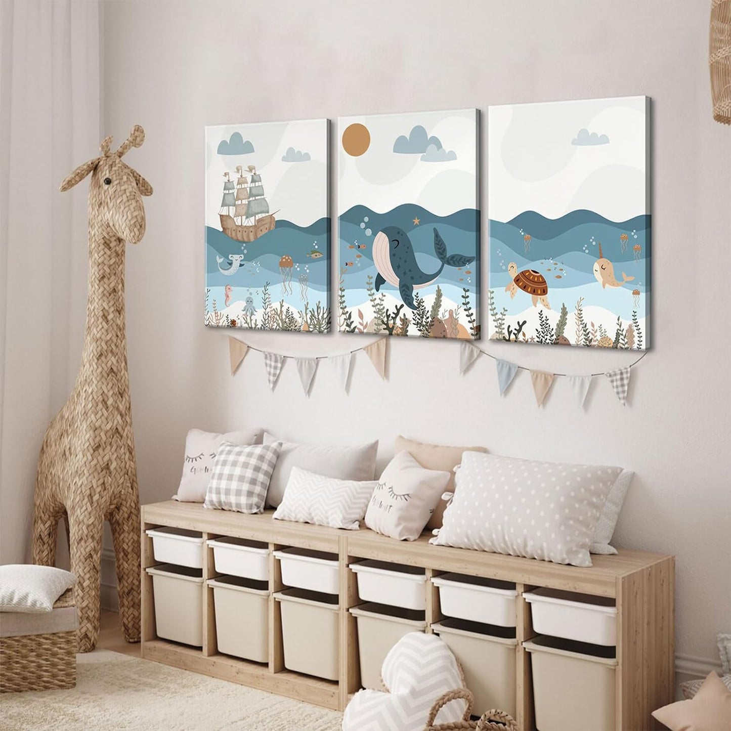 LYPHNX Framed Blue Ocean Nautical Nursery Canvas Wall Art Sea Turtle Whale Animal Painting Picture Set of 3 Kids Prints Poster Wall Decor for Baby Boys Girl Children's Room Bedroom Bathroom 12"x16"