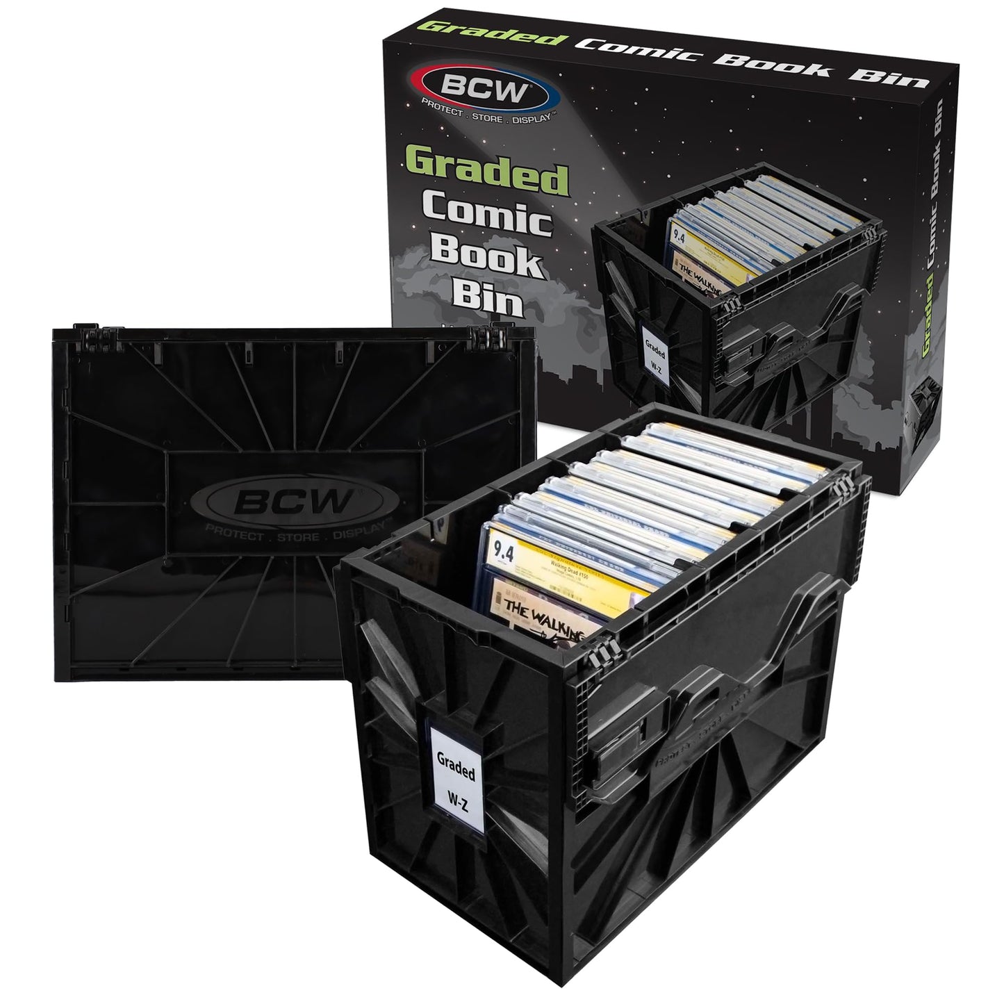 BCW Graded Comic Book Bin with Partition – Black (2 Pack) | Holds 30 Graded Comics | Stackable Comic Book Box Storage for CGC, CBCS & Slabs