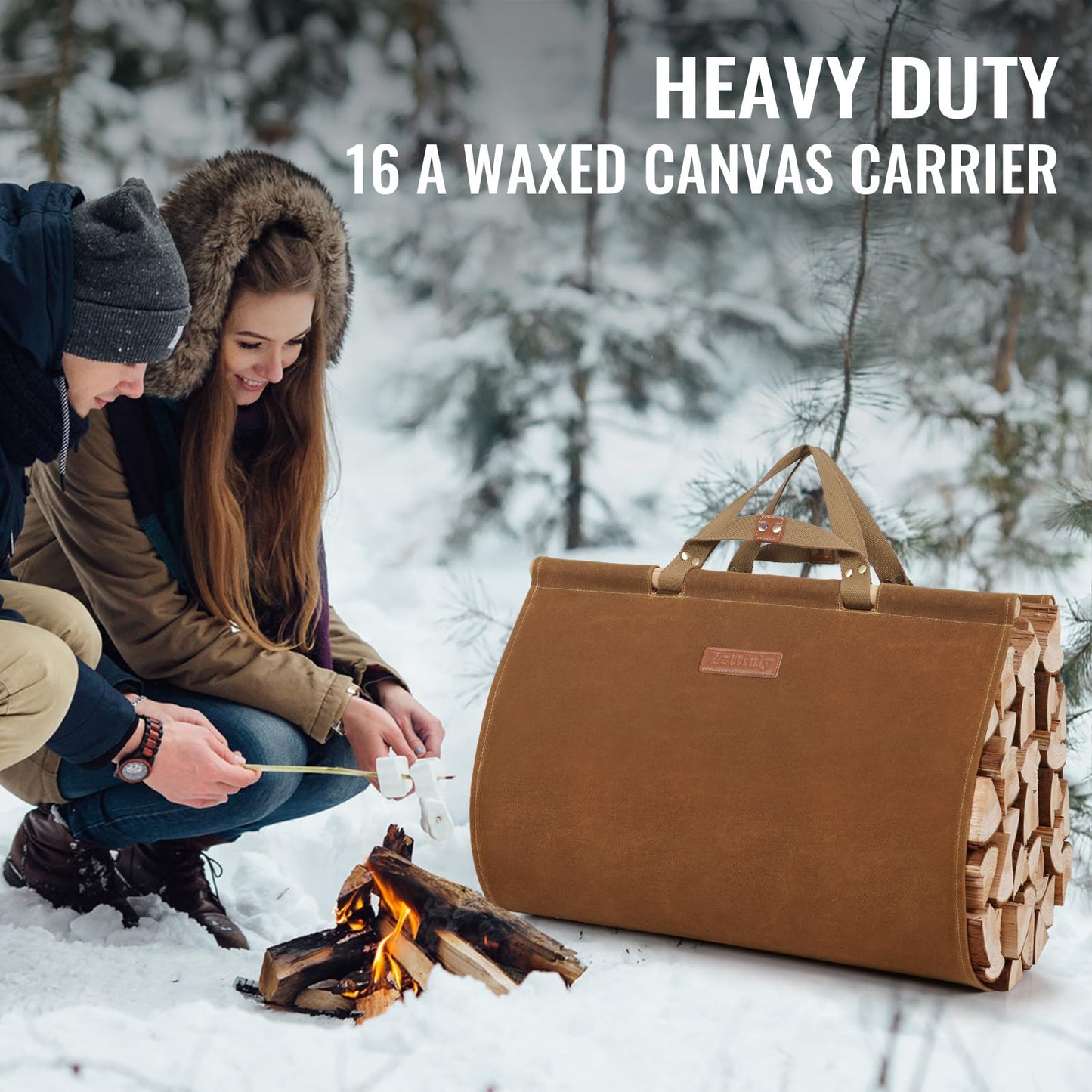 Zettfuly Firewood Carrier with Handles - Waxed Canvas Log Carrier for Firewood, Woods Carrier for Firewood Tote Bag 38x19in, Water Resistant Log Tote Wood Carrying Bag, Wood Stove Accessories, Rust