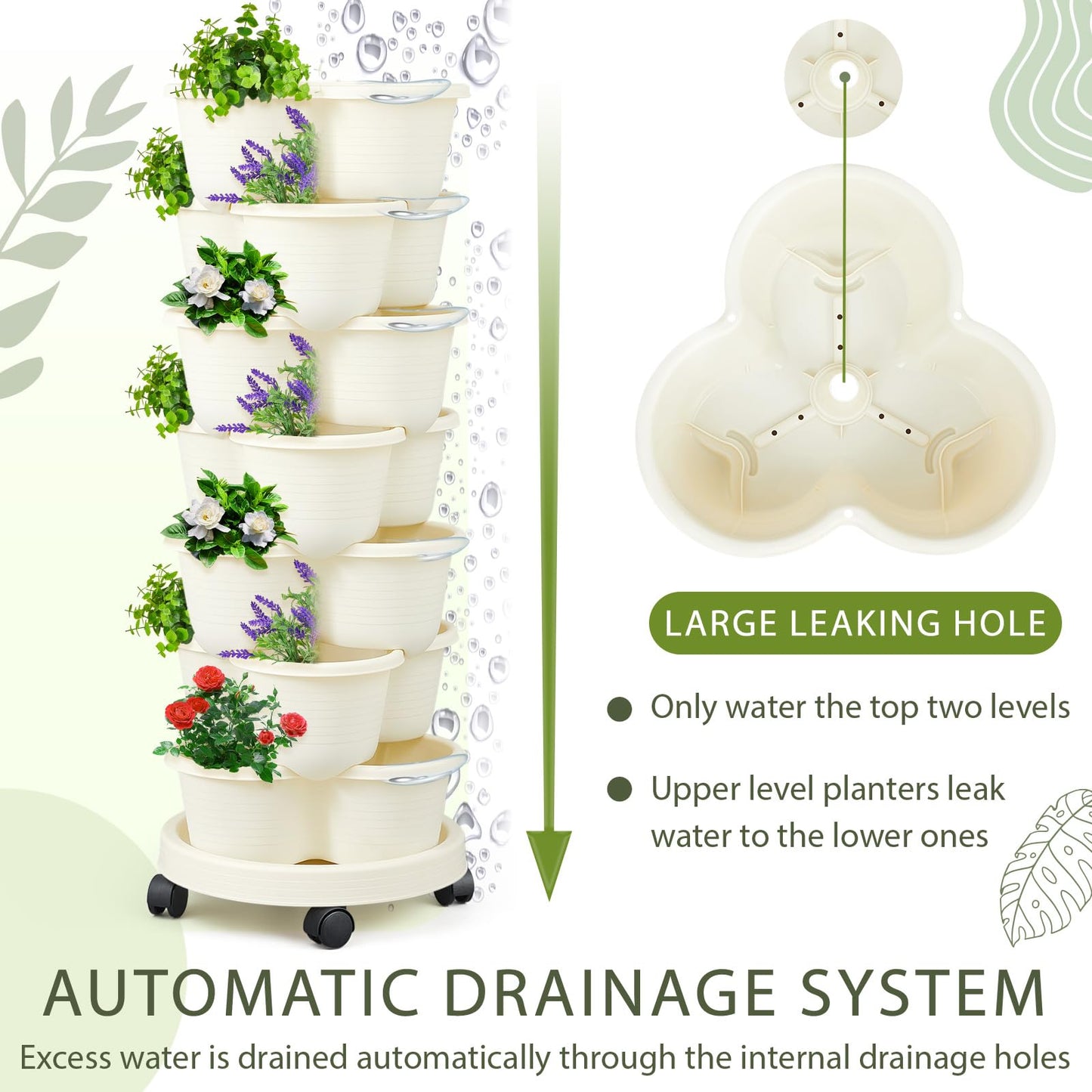 Umigy 2 Set Ivory 2 Set of 7 Tier Stackable Vertical Planters with Removable Wheels and Tools Tower Planters Strawberry Herb Flower Vegetable Pots Indoor Outdoor Gardening Pots
