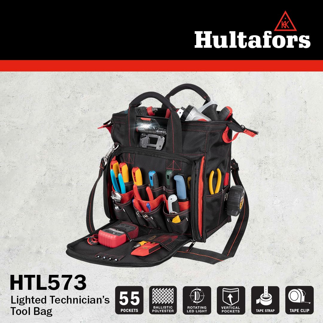 Hultafors Work Gear HTL573 Lighted Technician's Tool Bag, 55 Pockets, Heavy Duty Ballistic Polyester Tool Carrier, Adjustable Swivel Light, Large Center Compartment