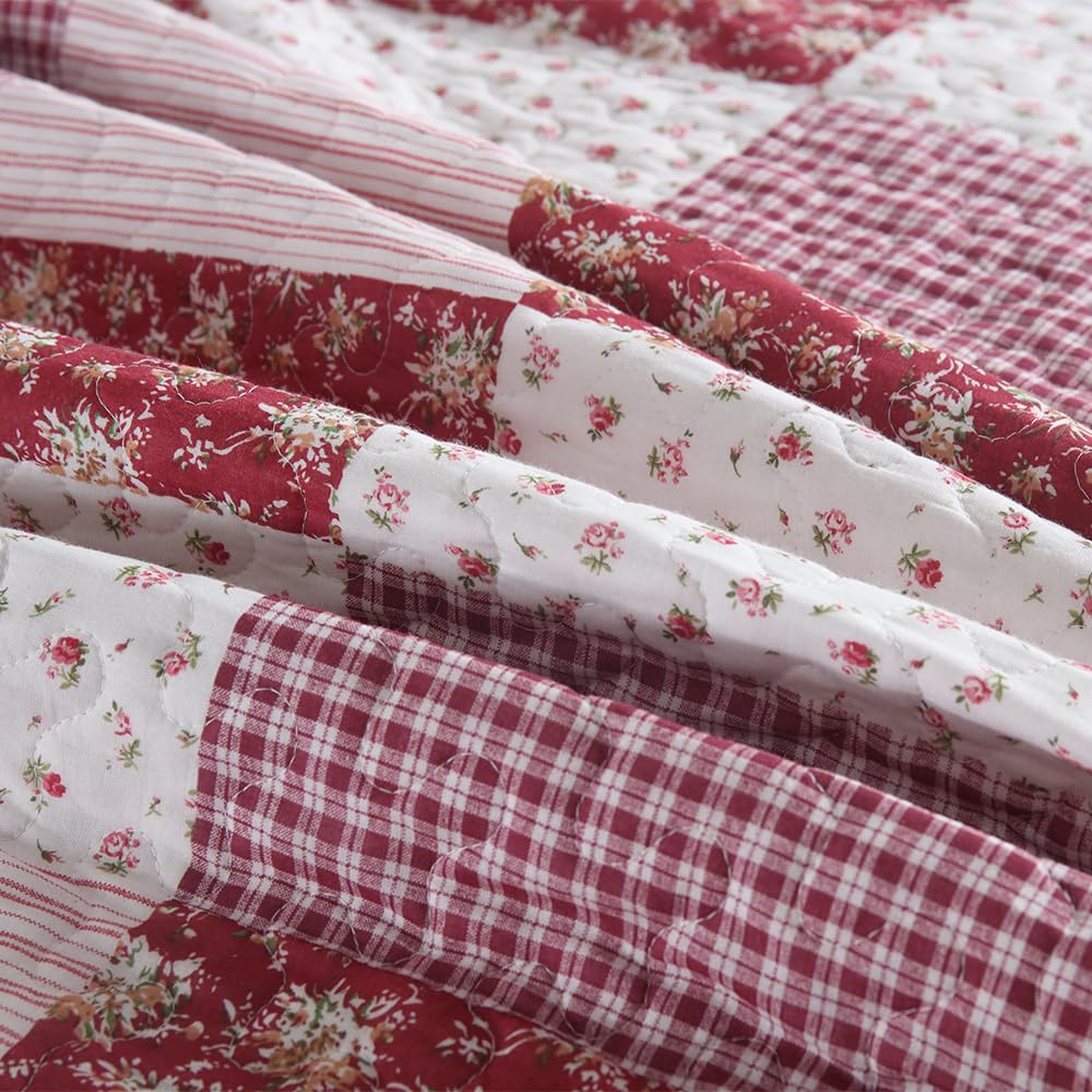 ENASAL Cotton Bedspread Quilt Bedding Sets Reversible Coverlet Sets Comforters Plaid Floral Red White Patchwork Pattern Bedspread for All Season, Queen Size
