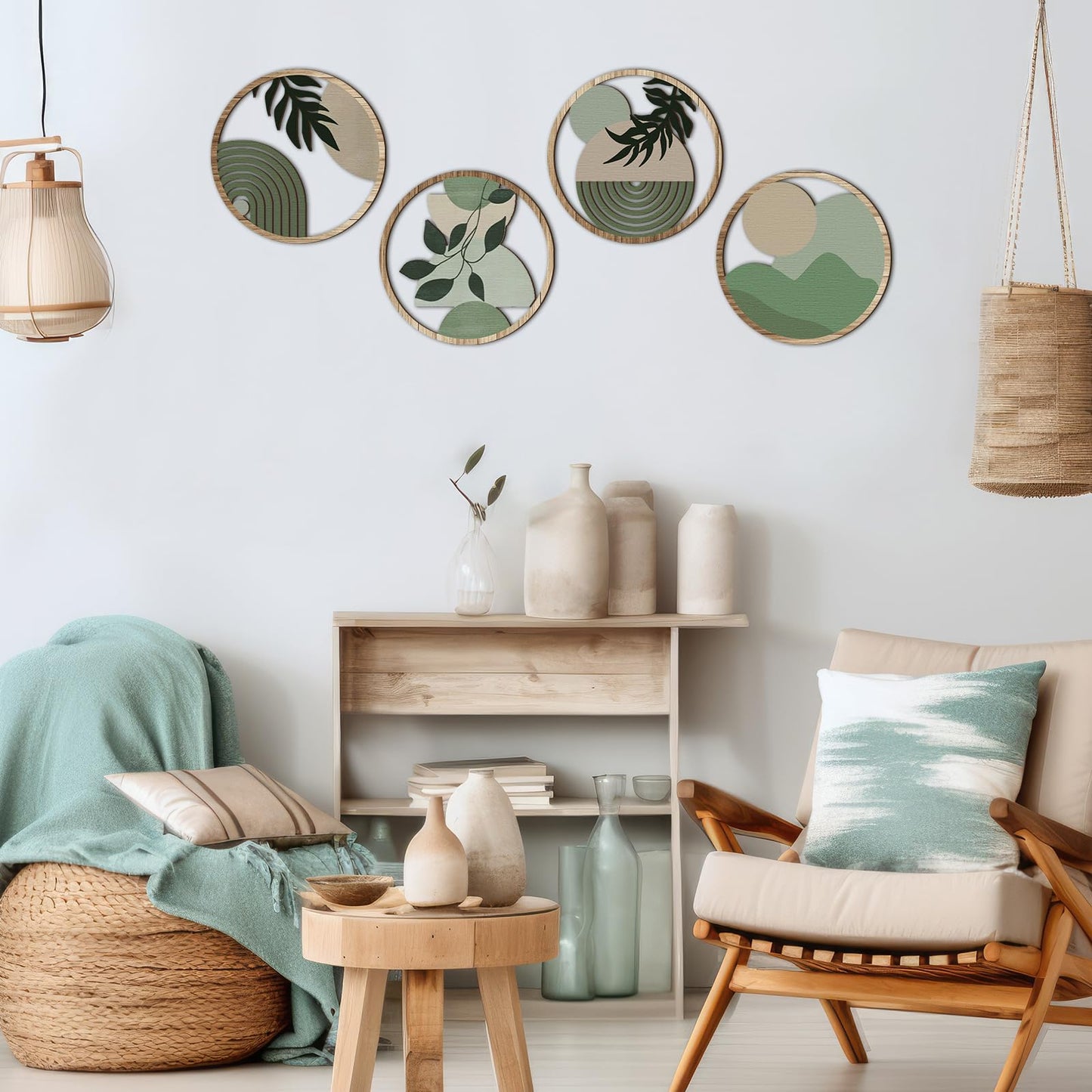 Qunclay 4 Pcs Boho Wall Art Bohemian Wooden Round Circle Wall Decor Hollow out Hanging Farmhouse Aesthetic for Bedroom Living Room Bathroom Bedroom Bathroom Patio Apartment Gift 10 Inch (Green)