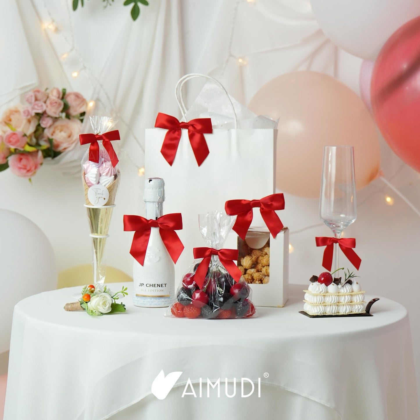 AIMUDI Red Bows 2.5" Satin Bow for Gift Wrapping Twist Tie Bows for Wedding Favors Candy Apples Party Valentine's Day Christmas Decorations - 50 Counts