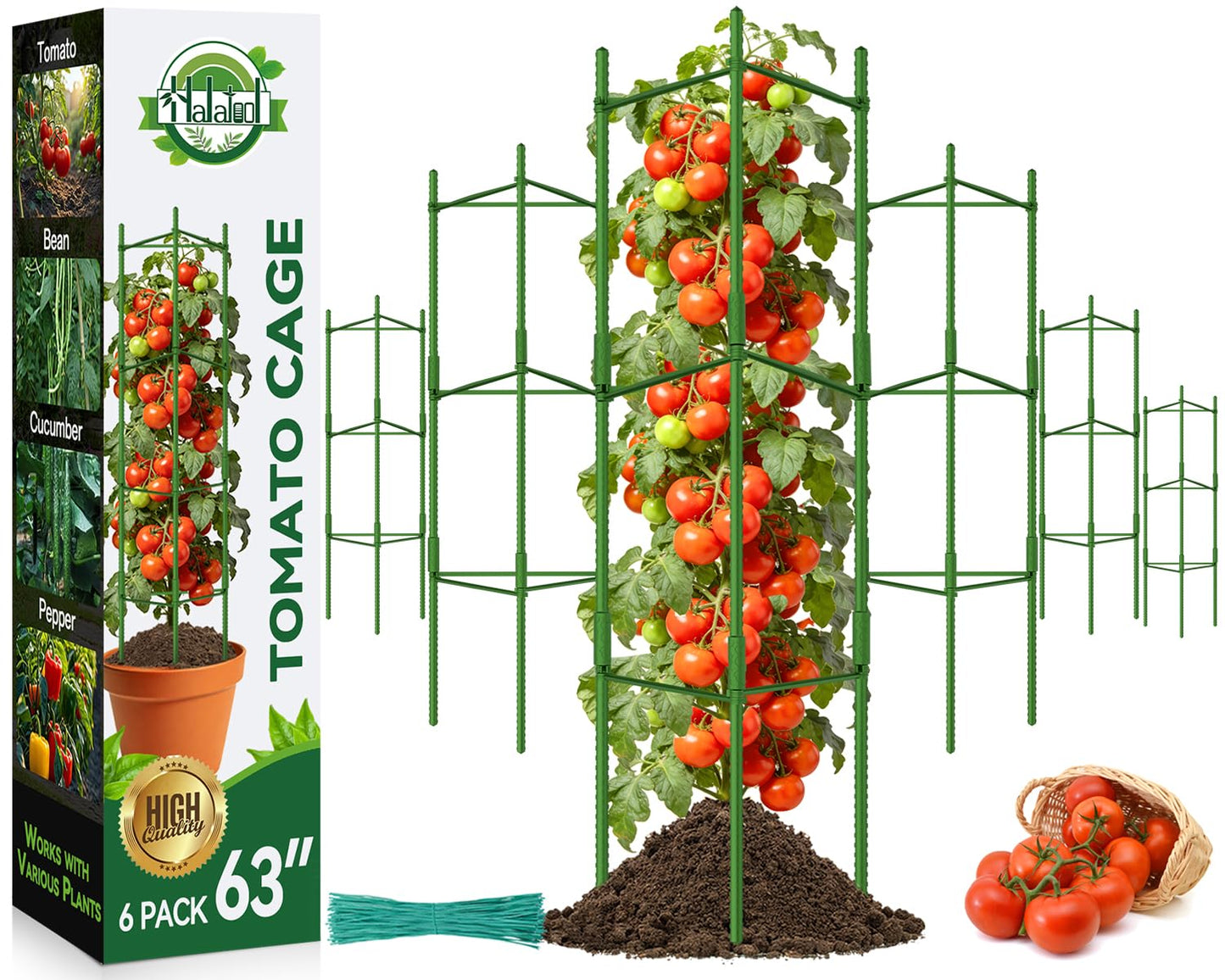 Halatool 6 Pack Tomato Cages for Garden Plant Support Stakes, 48 Inch Adjustable Tomato Trellis for Pots & Raised Garden Bed, Tomato Cage for Climbing Plants Eggplant Pepper Cucumber Bean Outdoor