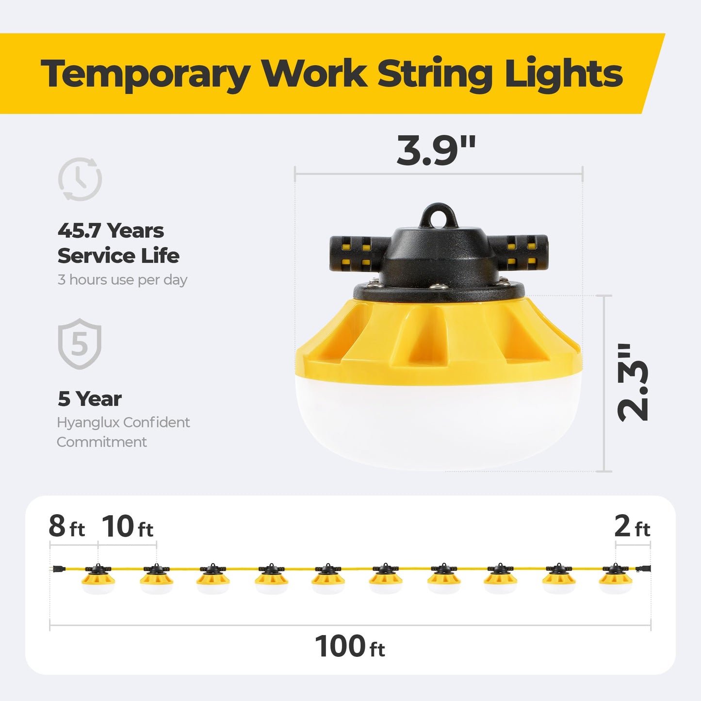 HYANGLUX 100FT Construction String Lights, 10-Light LED Work Light, 100W 11000LM, ETL Certified, 18/2 SJTW Cord, Linkable up to 8 Sets, IP65 Waterproof, for Jobsite, Attic, Garage