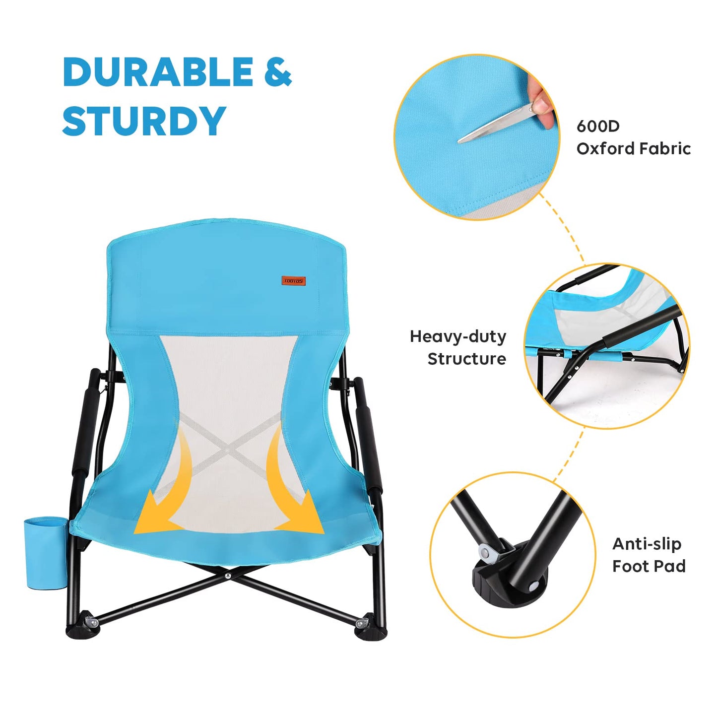 TOBTOS Low Beach Chair for Adults 2 Pack, Low Profile Folding with Cup Holder & Carry Bag, Heavy Duty Chair for Outdoor Sand, Camping, Concert, Travel