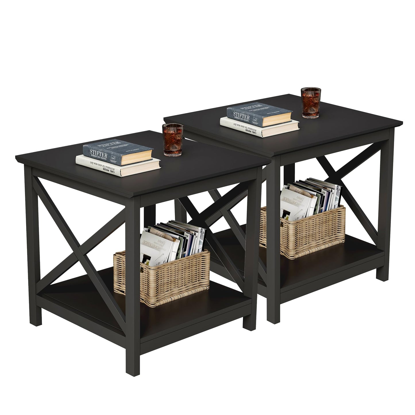 ChooChoo End Tables Set of 2, 24 Inch End Table with 2-Tier Storage Shelf, Side Table for Living Room, Wood Nightstand for Bedroom, Office, Painted Surface, Black