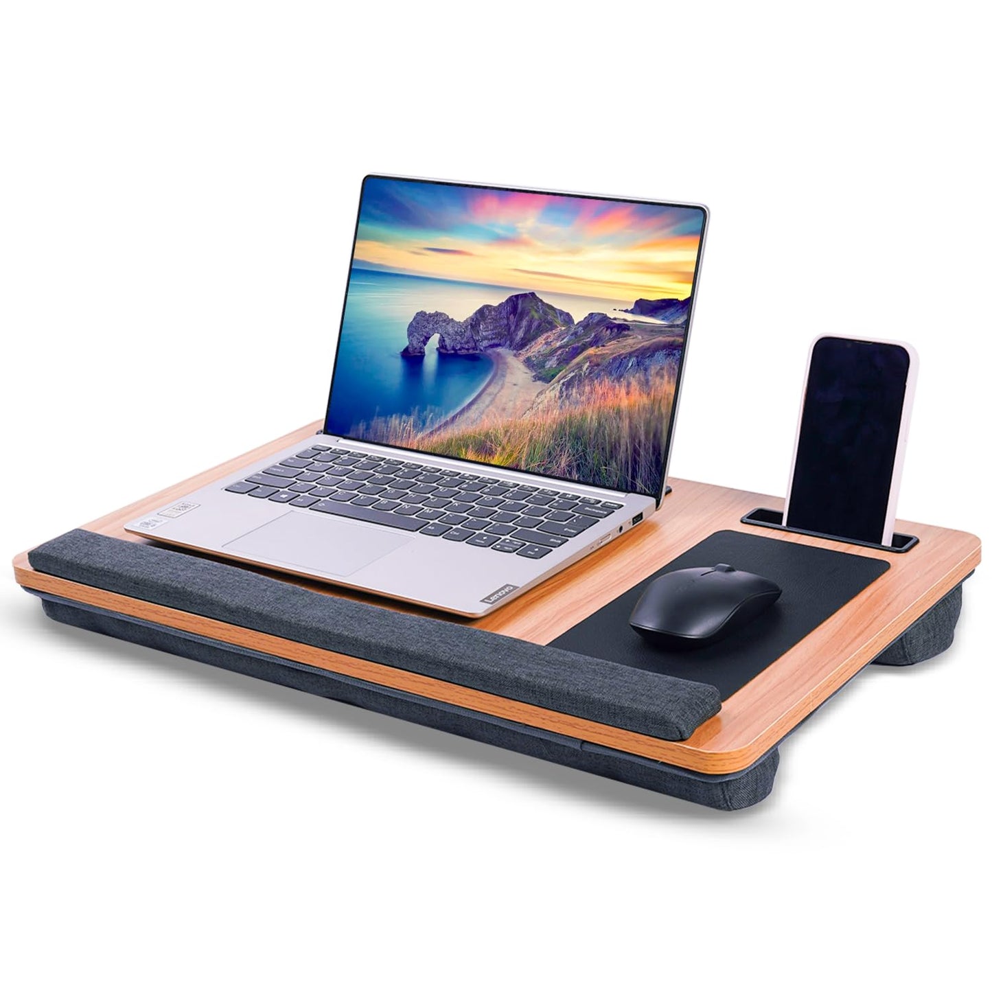 UPLANDIC Laptop Tray – Home Office Lap Desk with Built-in Mouse Pad, Wrist Rest & Phone Holder, Portable Laptop Stand with Cushion, Tablet Slot & Carry Handle, Ideal for Bed & Workspaces (Walnut)