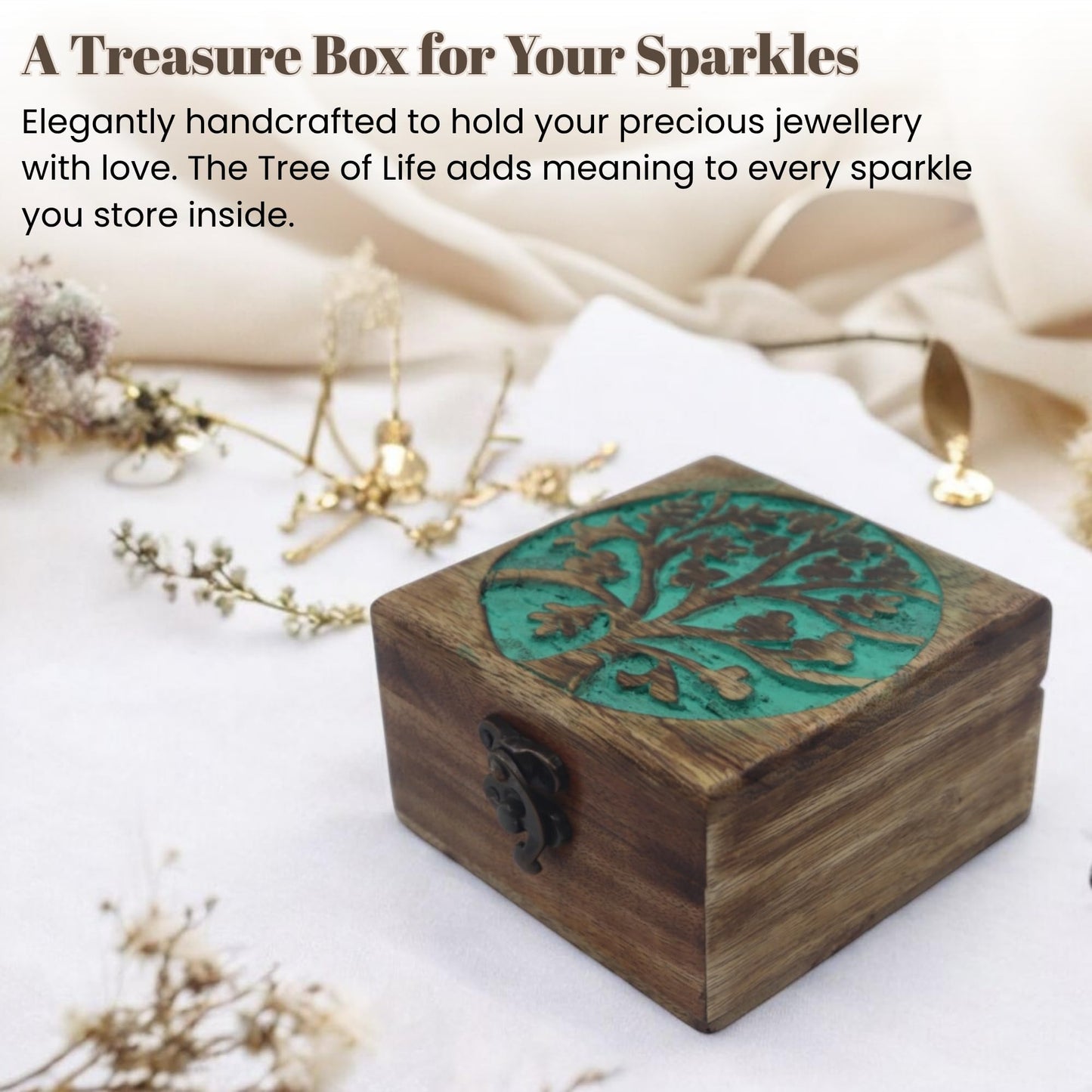 Hind Handicrafts Handmade Mango Wood Jewelry Box - Tree of Life Engraved Keepsake Storage & Organiser - Beautiful Gift Idea for Men & Women - Home Decor & Memorial Use - 4.5" x 4.5" x 2.5"