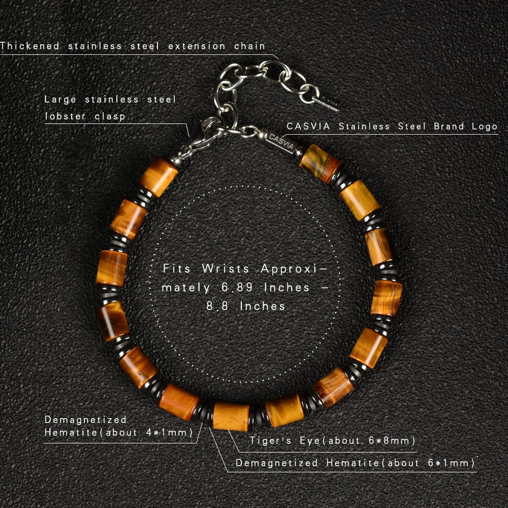 Casvia Men's Tiger's Eye & Hematite Beaded Bracelet, Handmade Adjustable Stainless Steel Chain, Chakra Jewelry Gift for Dad, Husband, Boyfriend