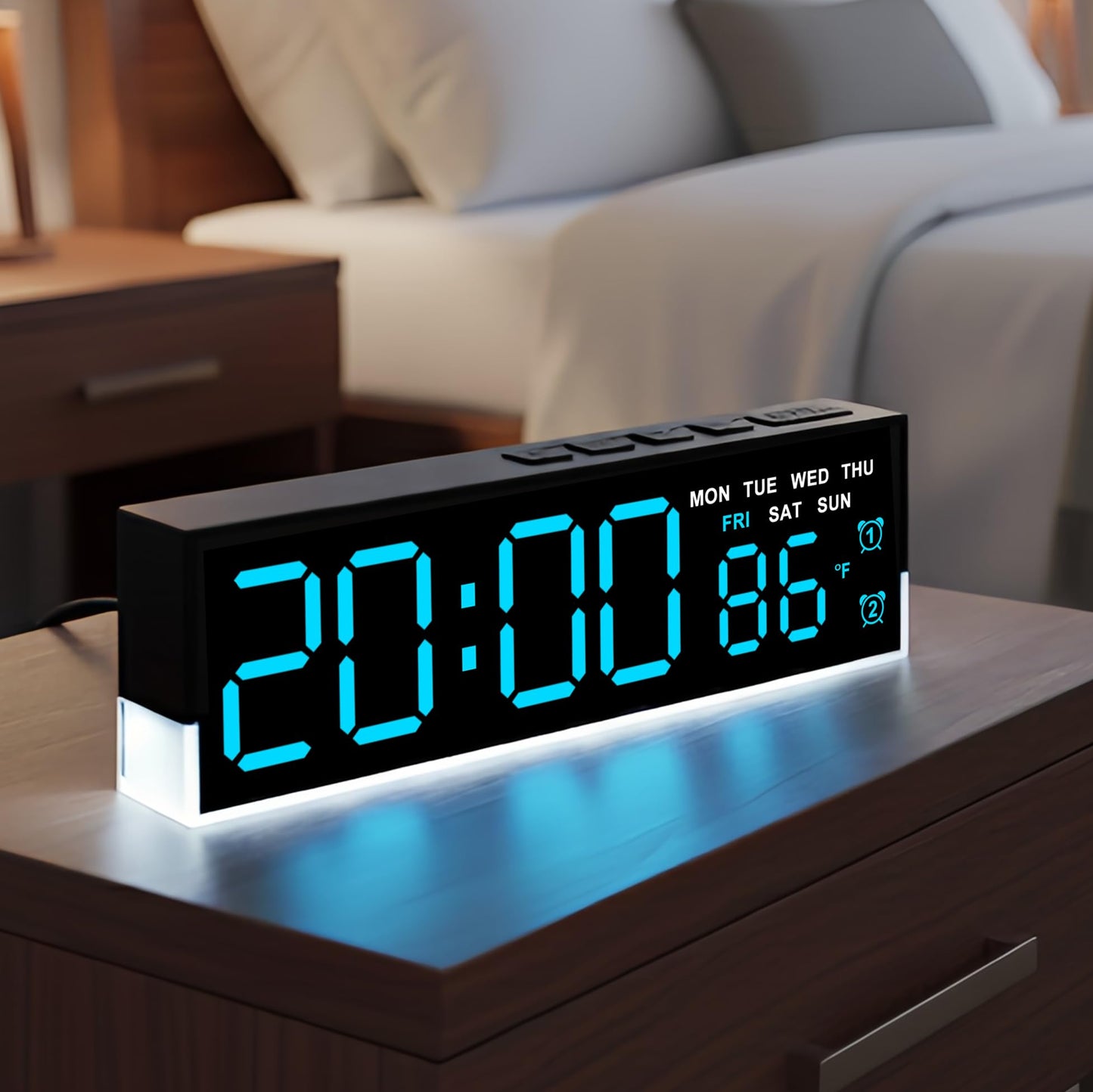 JENLYSTIME 7 Inch LED Digital Alarm Clock with Dual Alarms & Bottom Glow｜Displays Time, Date, Day, Temperature｜3-Level Auto/Manual Brightness, DST, USB or Battery Powered Modern Desk Clock (Blue)