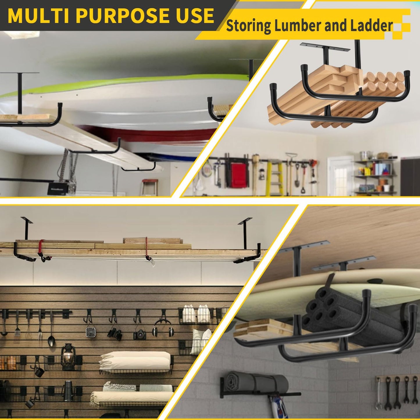 Huondonk Overhead Garage Storage Rack 4 Pack with 4 Hooks, 66Lbs & 45Lbs Capacity, Heavy-Duty 444Lbs Total Garage Ceiling Storage System