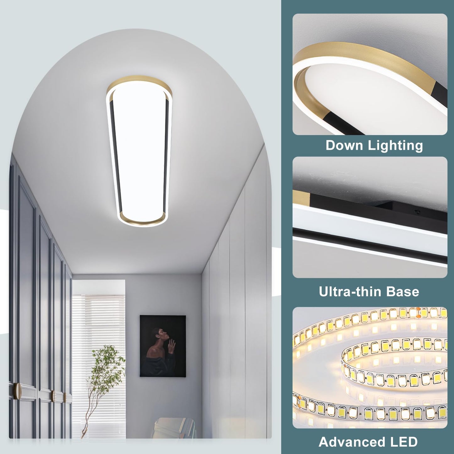 ADISUN Modern LED Ceiling Light Dimmable Linear Ceiling Light 39.4in Semi Flush Mount Long Lights with Remote Control and Down Lighting for Living Room Kitchen Dining Room Black & Gold