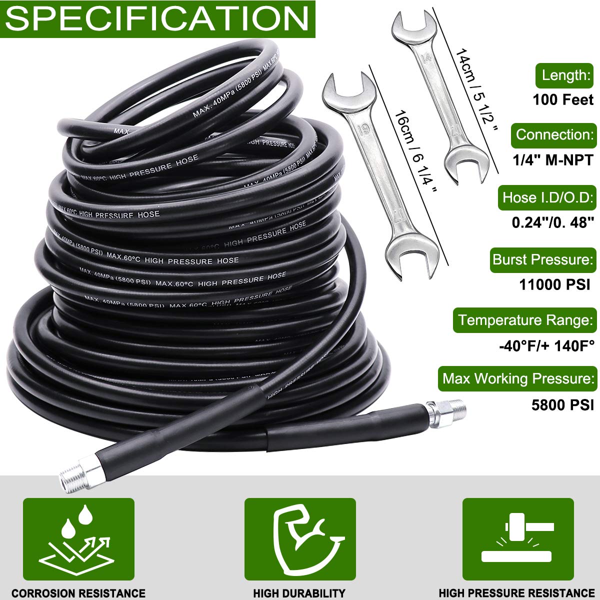 Sewer Jetter Kit 100FT for Pressure Washer, 5800PSI Drain Cleaner Hose 1/4 Inch NPT Corner Rotating and Button Nose Sewer Jetting Nozzle Spanner Waterproof Tape Pearl Corsage Pin
