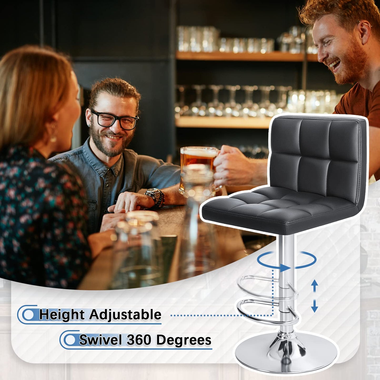 Homall Bar Stools Modern PU Leather Adjustable Swivel Barstools, Armless Hydraulic Kitchen Counter Bar Stool Extra Height Square Island Barstool with Back Set of 2 (Leather, Black)