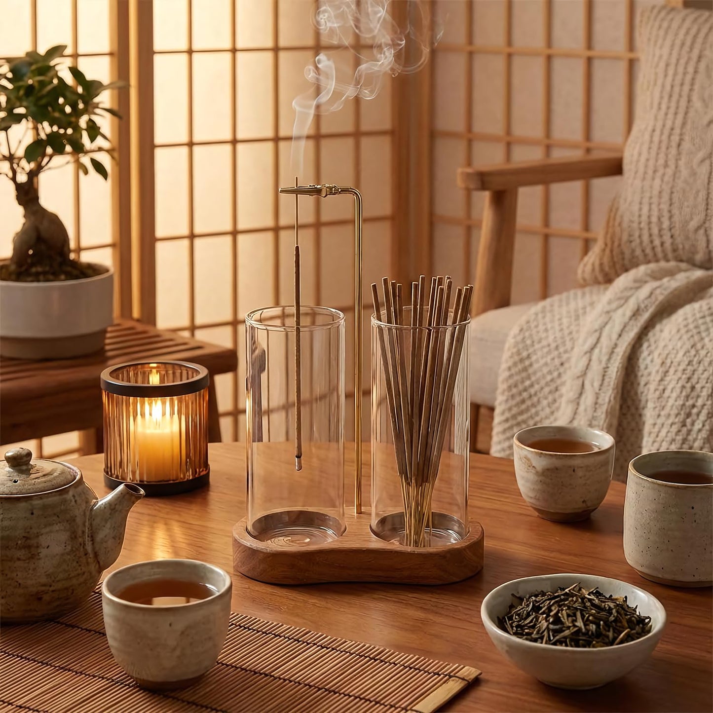 Incense Holder for Sticks with Glass Ash Catcher - Upside Down Anti-Ash Flying Incense Burner & Stick Storage Organizer, Ideal for Meditation, Yoga, Zen Home Decor, Spa Relaxation Gift (Natural Wood)
