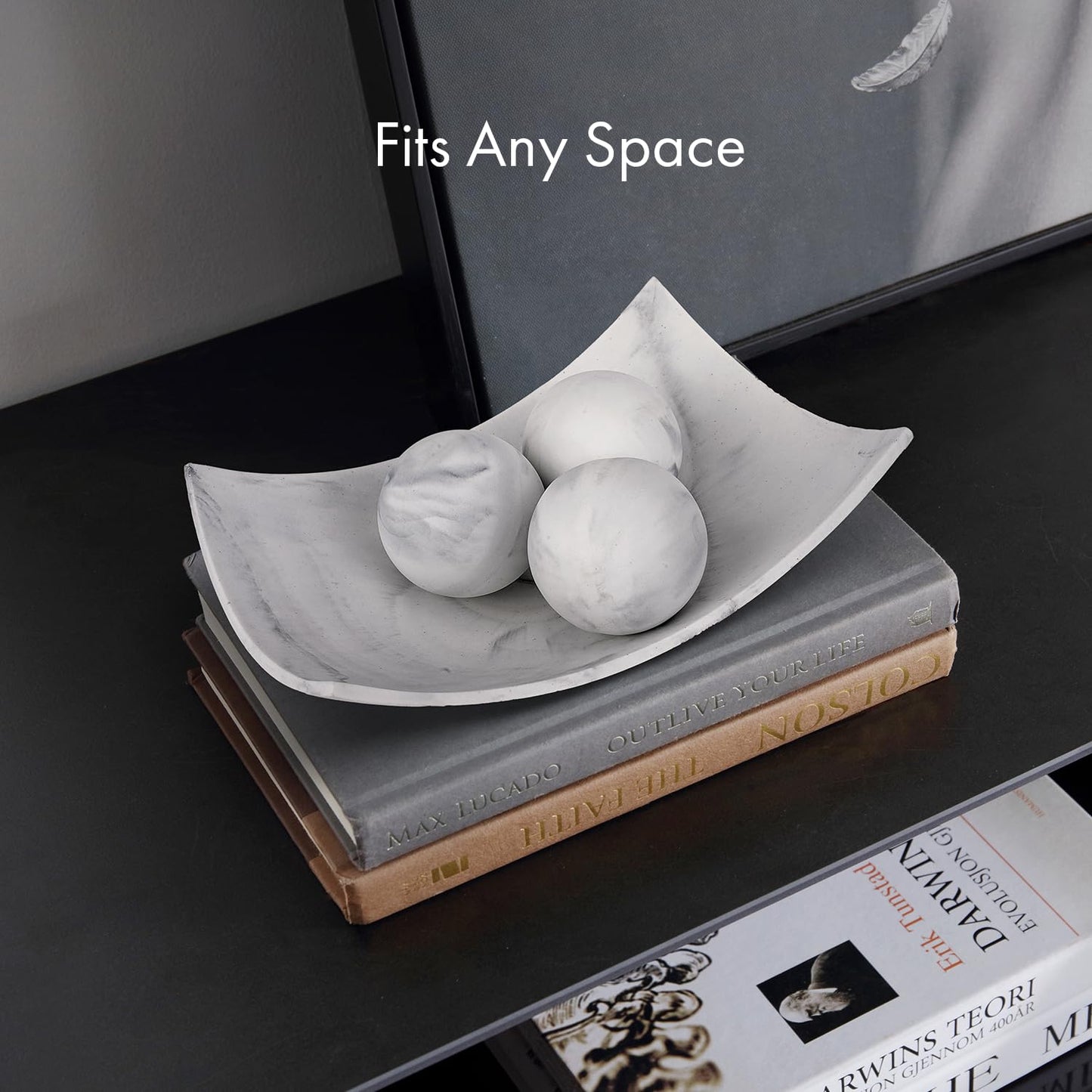Creative Scents White Marble Look Decorative Bowl with matching Set of 3 Balls (2.75”) for Coffee Table Centerpiece, Dining Table, Living Room